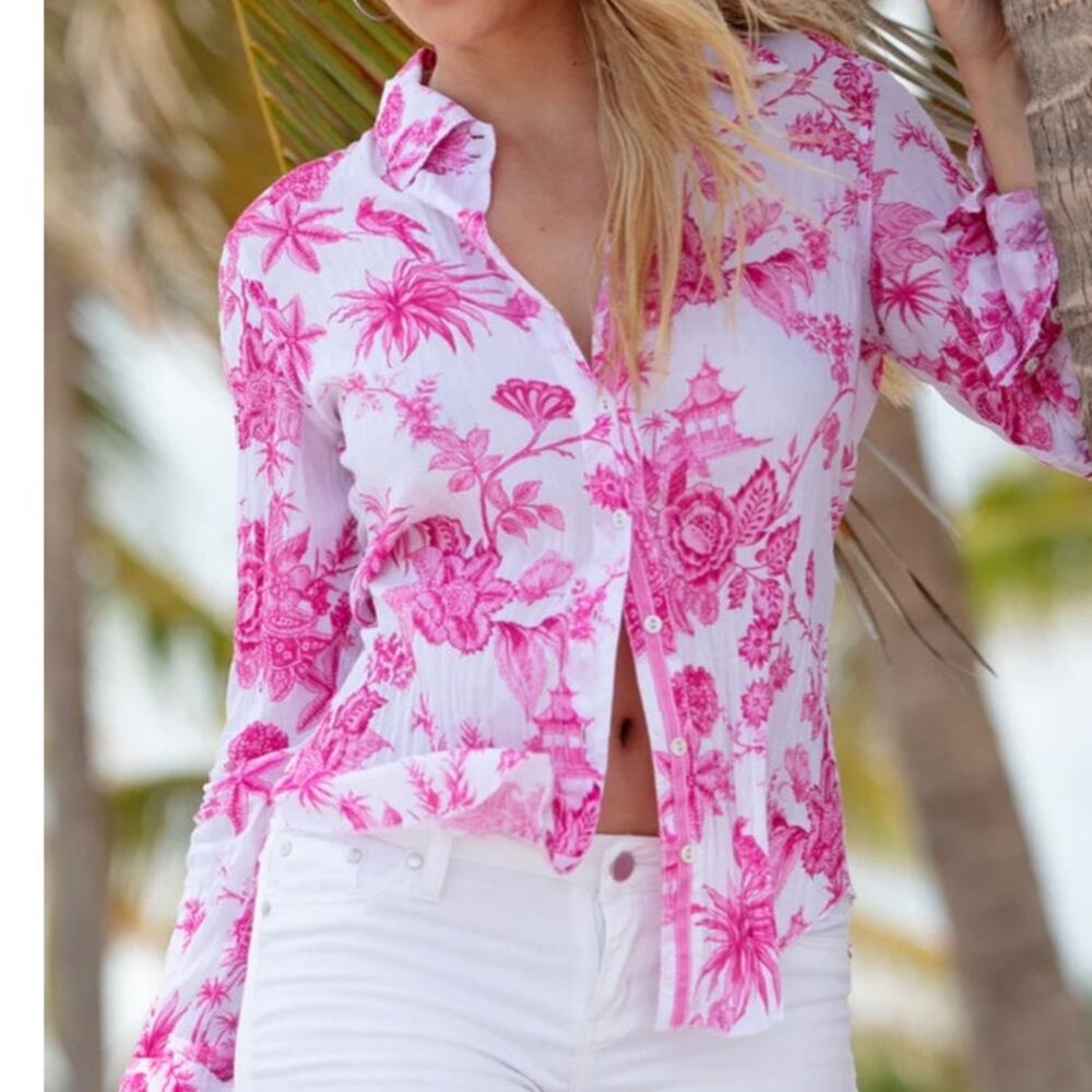 Cino Exotica Pink Floral Button Front Shirt Womens XS Tropical Cotton Blouse